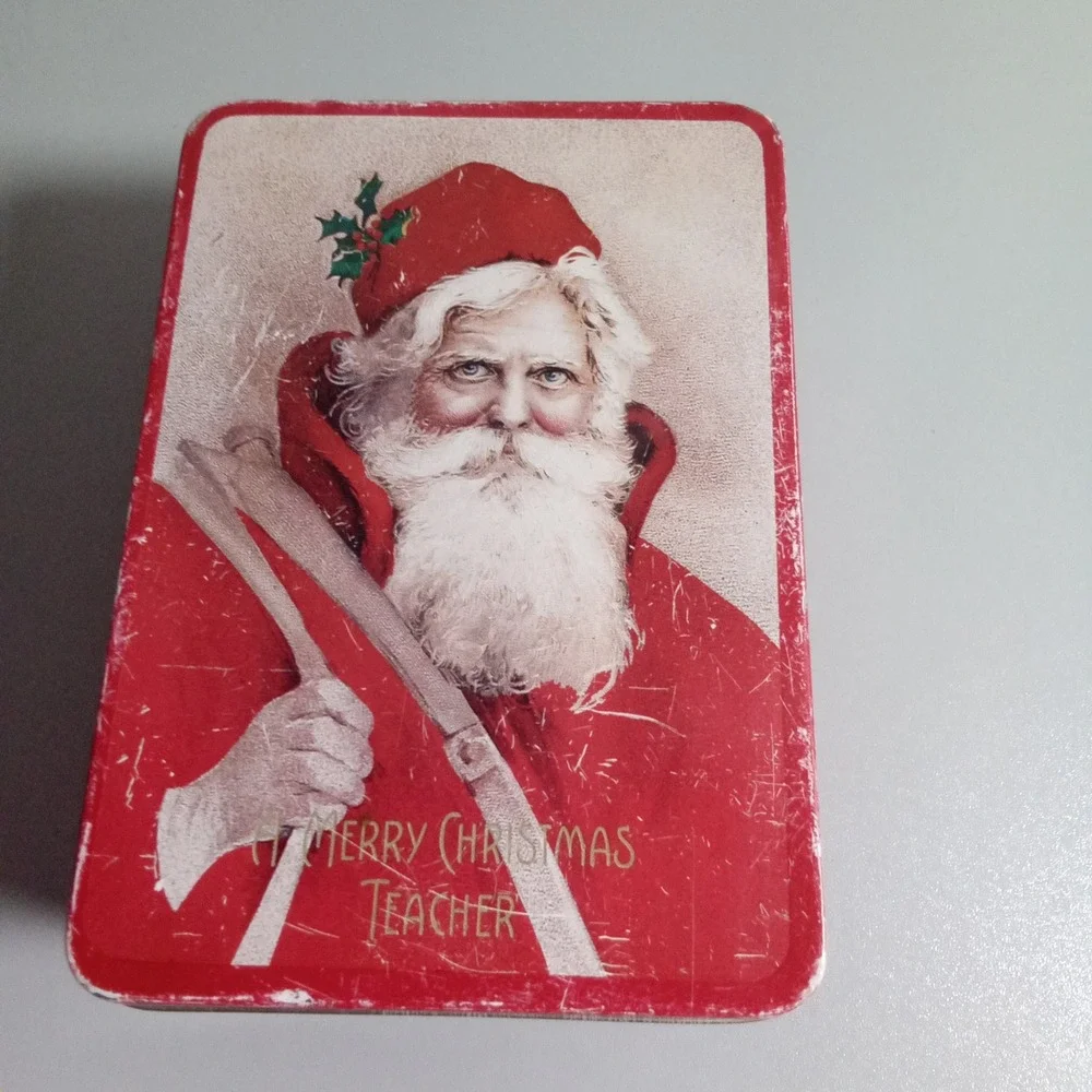 Vintage Style Santa Claus Merry Christmas Teacher Metal Gift Tin Red 6x4x2.25